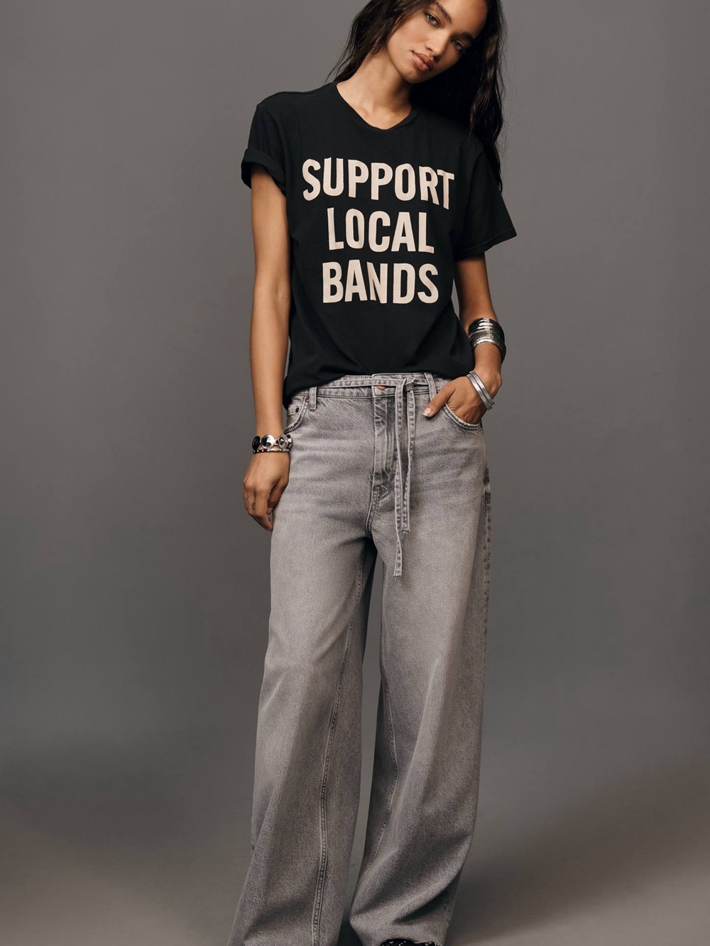 Pilcro Grey Washed Relaxed Jeans with Tie Belt